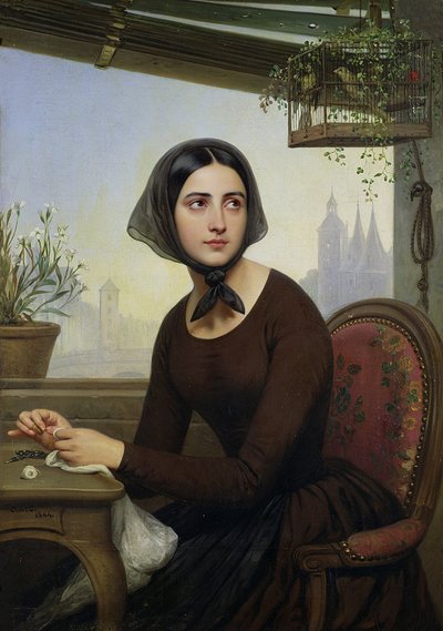 Rigolette versucht sich während Germains Abwesenheit abzulenken, 1844 von Joseph Desire Court